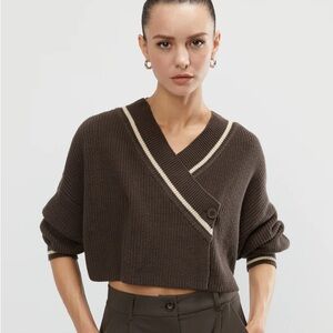 OAK + FORT Brown Cropped Wrap Cardigan with Cream Trim